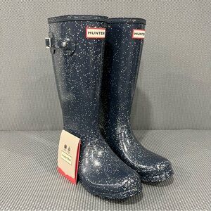 NEW Hunter Original Tall‎ Glitter Rubber Rain Boots Navy Blue Girls Size 6